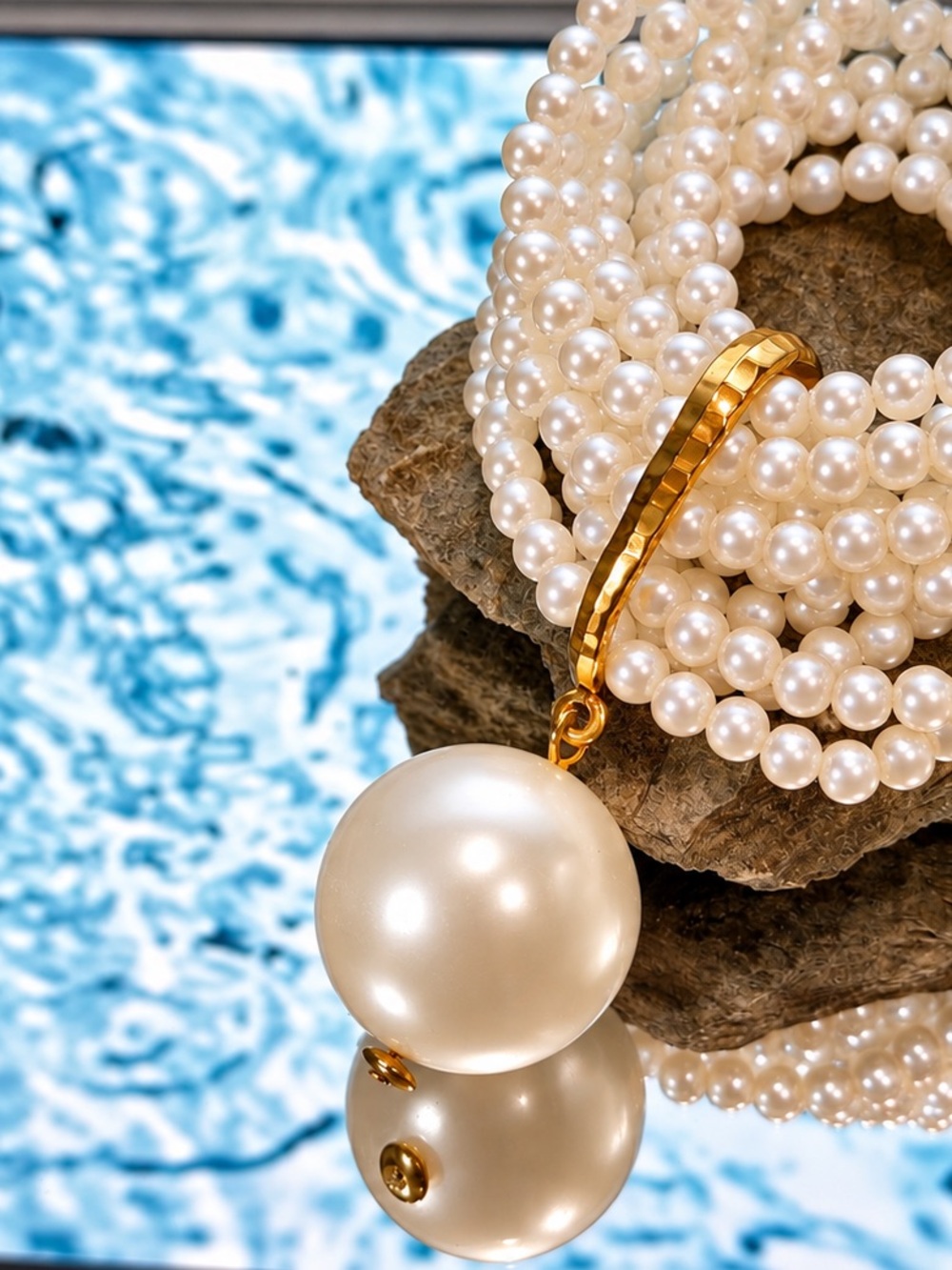 Statement Multi-Strand Faux Pearl Bracelet Gold Tone Dangle Pearl Elegant Jewelr